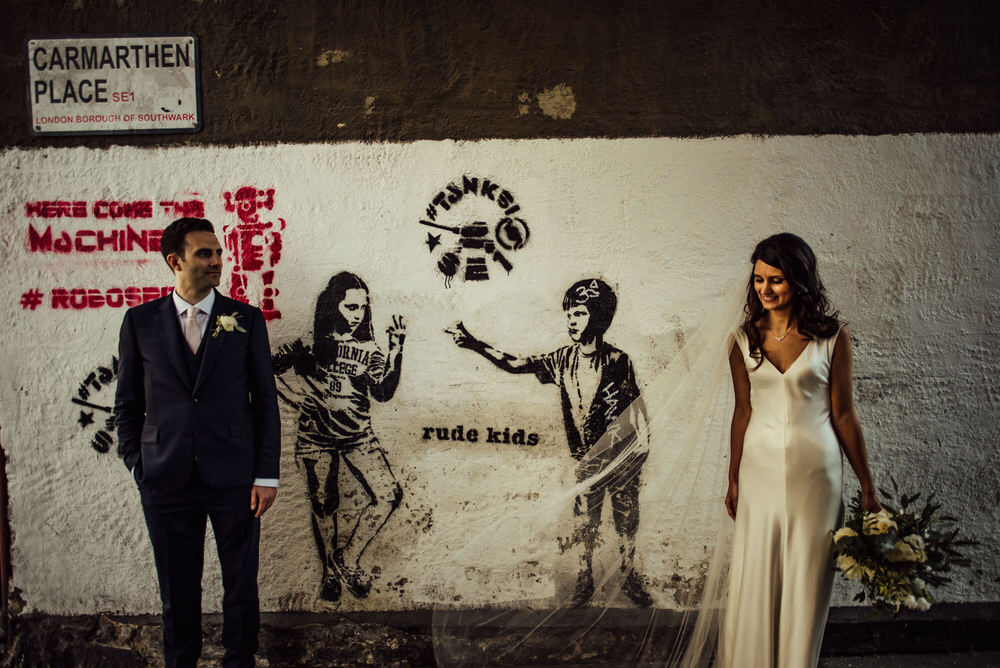 Rude Kids graffiti, London, Urban wedding portrait