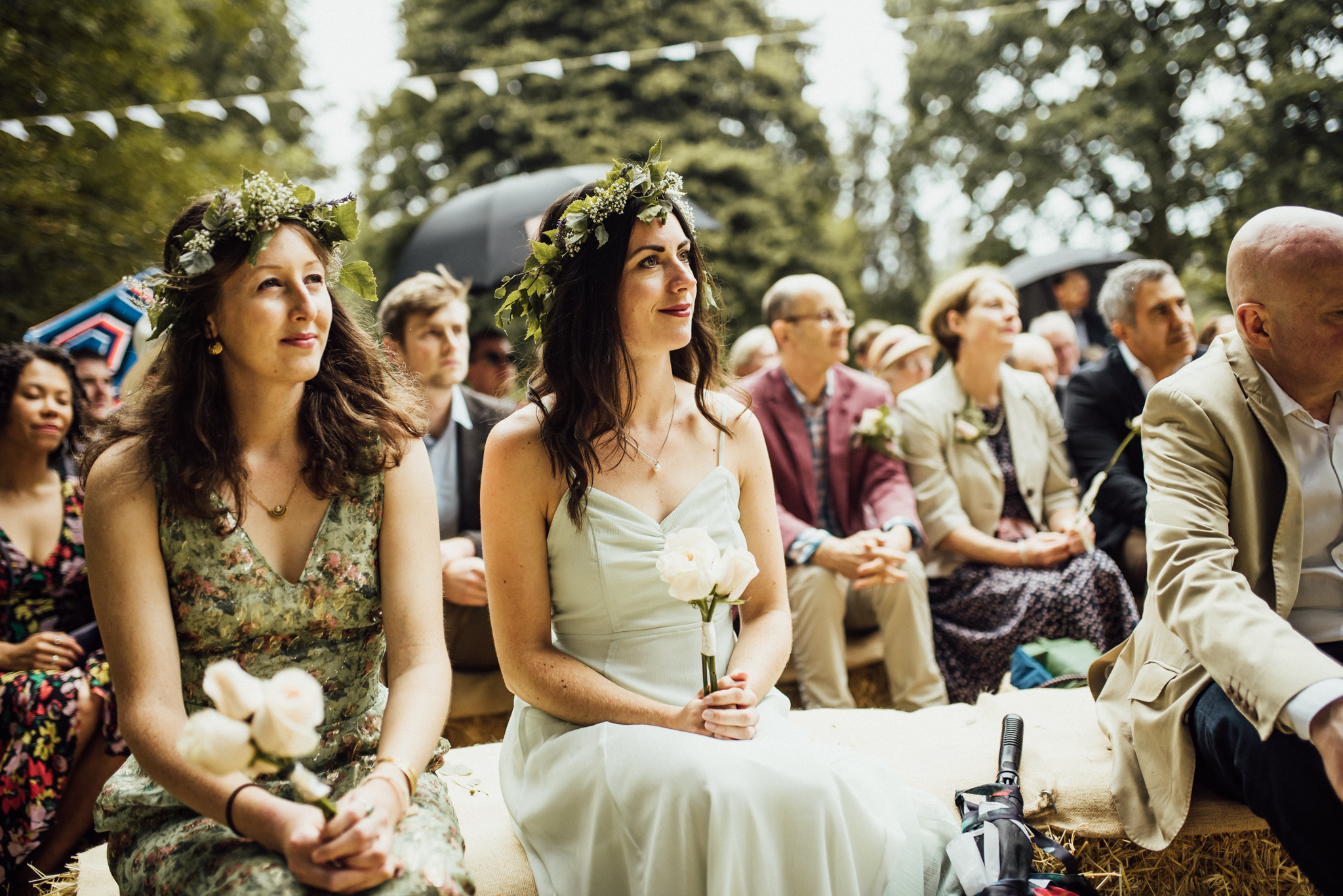 woodland wedding, rainy wedding, outdoor wedding ceremony, forest wedding, flower crown