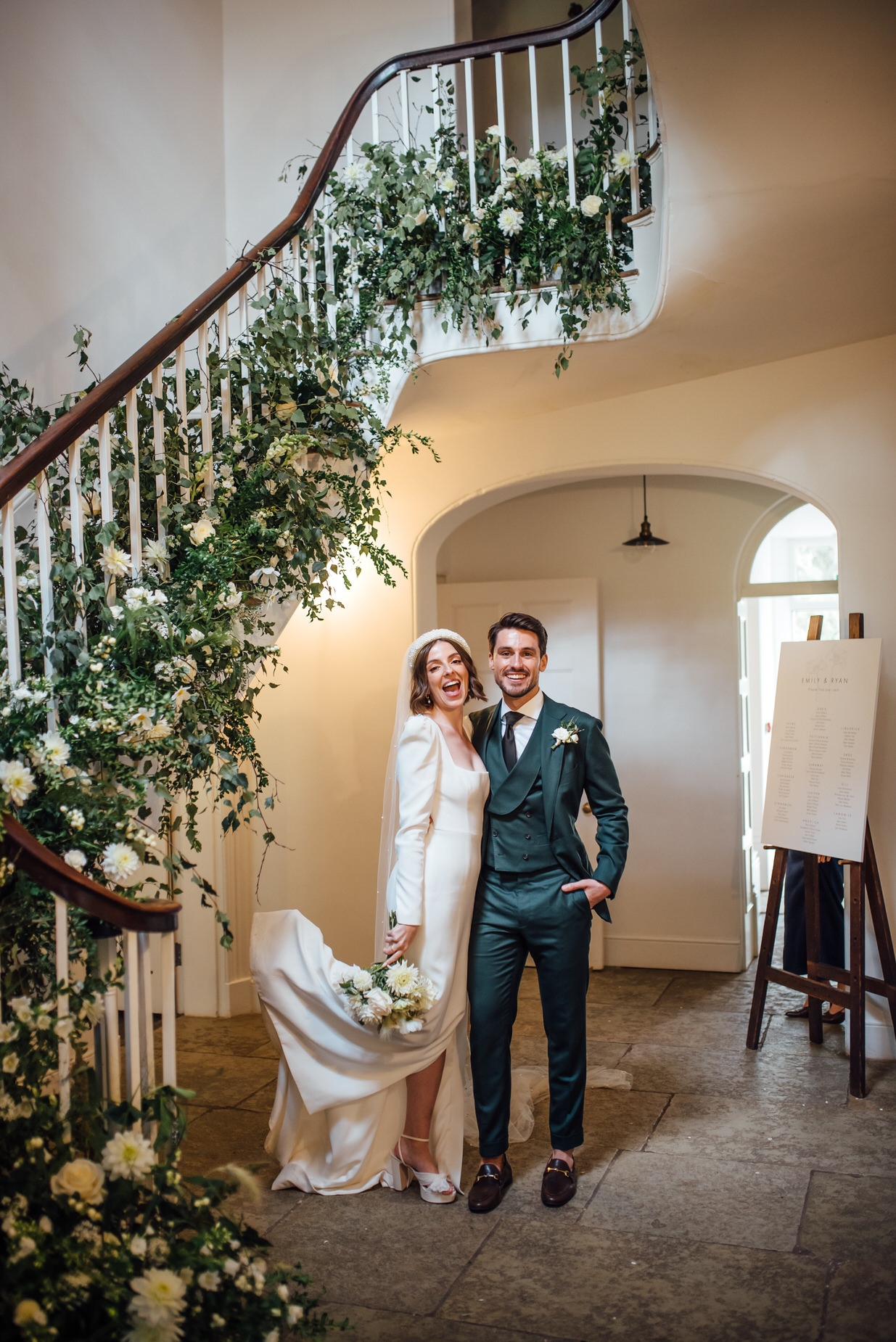 floral wedding staircase, aswarby wedding, aswarby bride,